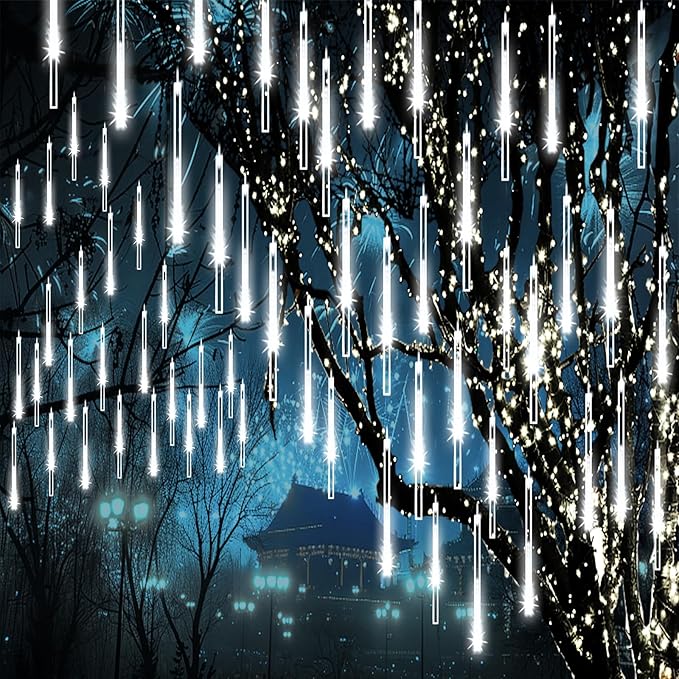 Meteor Shower Lights Outdoor Christmas Lights 24-Tube 576LEDs Snow Falling Rain Cascading Icicle String Light for Xmas Tree Christmas Decorations Wedding Party Holiday Yard Garden Decor, UL Plug White