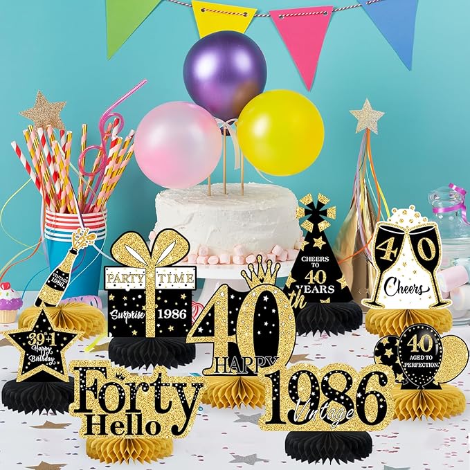 9 Pcs 40th Birthday Decorations Honeycomb Centerpieces for Women Men, Black Gold 1986 Aged to Perfection Vintage Centerpieces for Tables Toppers,Forty Years Party Decorations Supplies