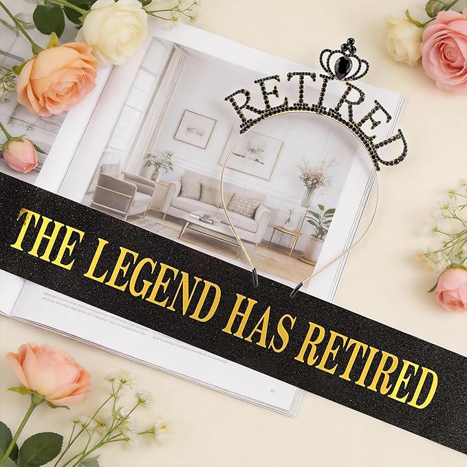 Retirement Crown Headband & Sash Set - The Legend Has Retired Retirement Party Decorations for Women Men Retirement Gifts for Women Men Retirement Party Supplies Black Glitter