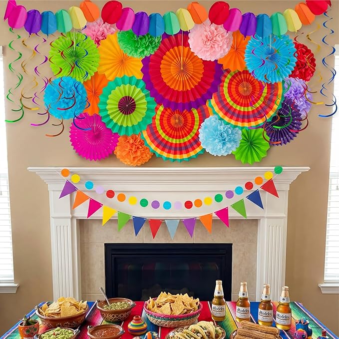 35PCS Fiesta Paper Fan Party Decorations Set - Cinco De Mayo Pom Poms,Pre-assembled Pennant,Garland String,Banner,Hanging Swirls Hispanic Heritage Month Decor Supplies,Multicolored