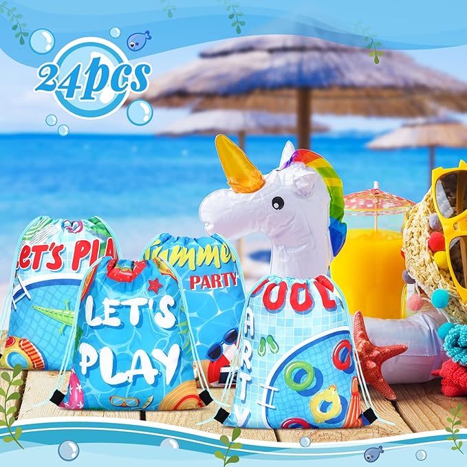 Marsui 24 Pcs Pool Party Favor Drawstring Bags Gift Beach Goodie Candy Favors Bags for Summer Hawaiian Birthday Party