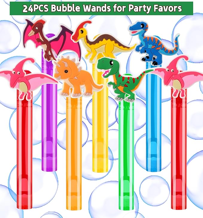 24Pcs Dinosaur Bubble Wands for Kids Dino Party Favors Supplies Decorations, Pinata Goodie Bag Stuffers & Classroom Prizes