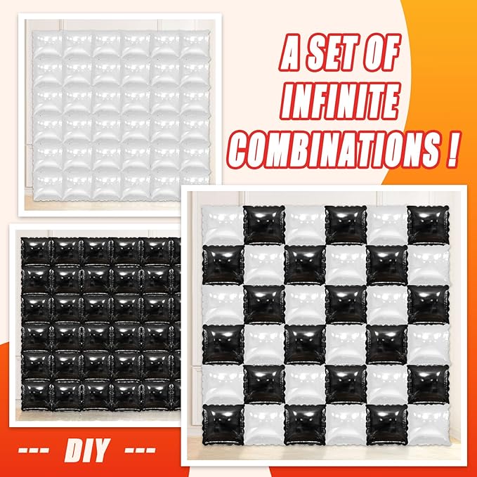 36 Pcs Black and White Square Foil Balloon Wall Backdrop Double Sided Race Car Checkered Balloons Backdrop Tunnel Arch Kit Mylar Square Balloons for Race Car Birthday Party Decorations