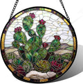 Stained Glass Window Hanging,Green Cactus Purple Flowers Suncatcher Diamond Glass Panel Sun Catchers Decor for Birthday for Women, Men, Wife, Aunt, and Mom 14.9x14.9 in