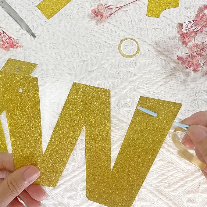 116 Pcs DIY Glitter Custom Banner Kit - Customize with 111 Letters and Numbers, 3 Rope, 2 Threading Devices for Graduation, Birthday Decor (Golden)