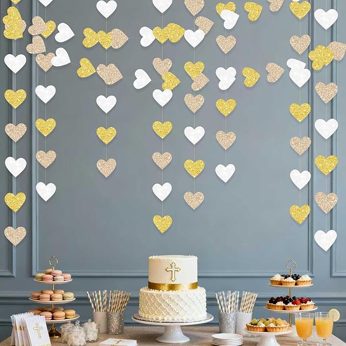Heart Party Decorations Glitter Gold Champagne Gold White Paper Love Heart Hanging Garland Streamer Banner for Birthday Wedding Engagement Anniversary Valentines Day Baptism Baby Shower Party Supplies