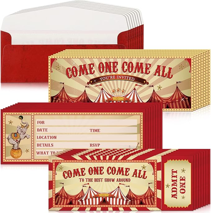 Fuutreo 50 Pcs Circus Party Invitations with Envelopes Vintage Carnival Birthday Invitations Double-sided Fill in Invites for Theme Birthday Party 25 Ticket 25 Envelopes