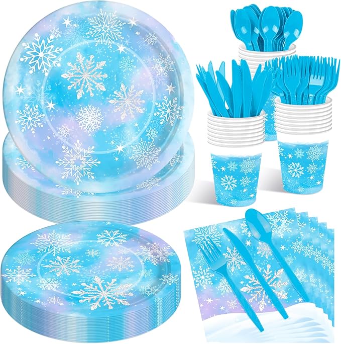 175 Pcs Snowflake Winter Wonderland Tableware Set - Serves 25, Snowflake-Themed Disposable Plates, Cups, Napkins, Forks, Spoons, Knives for Christmas, Winter Party Supplies, Holiday Gatherings