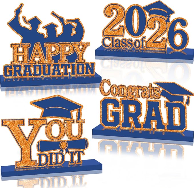 4Pcs Graduation Decorations Class of 2026 Wood Table Centerpieces Congrats Grad Wooden Sign Graduation Table Toppers Congratulate Tiered Tray Decor for 2026 Graduation Party(Orange-Blue)
