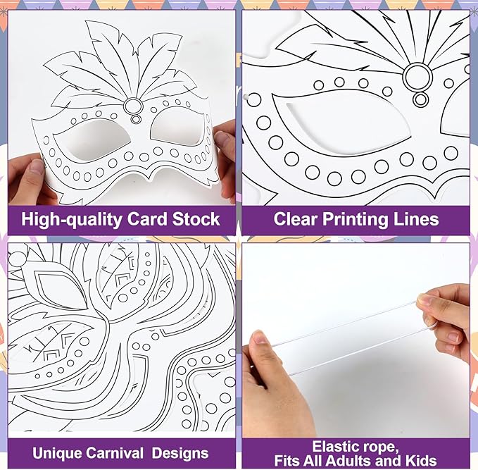36 Set Carnival Coloring Mask Mardi Gras Paper Art Craft Kid Color Your Own Style Blank DIY Mask Masquerade Birthday Party Dress-Up Decorations Favor School Classroom Activity Game Supplies