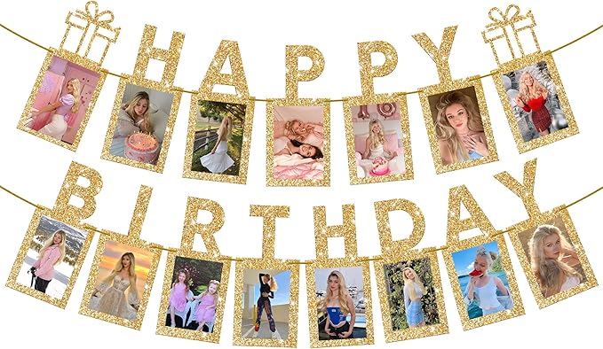 KatchOn, Glitter Gold Happy Birthday Banner - Big 10 Feet, Preassembled | Gold Happy Birthday Picture Banner for Happy Birthday Decorations | Gold Party Decorations