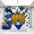 120PCS Graduation Balloon Garland Arch Kit with Graduation Cap Certificate Letter Star Mylar Foil Balloons for Class of 2026 Grad Prom Decorations Supplies (Blue Gold White)
