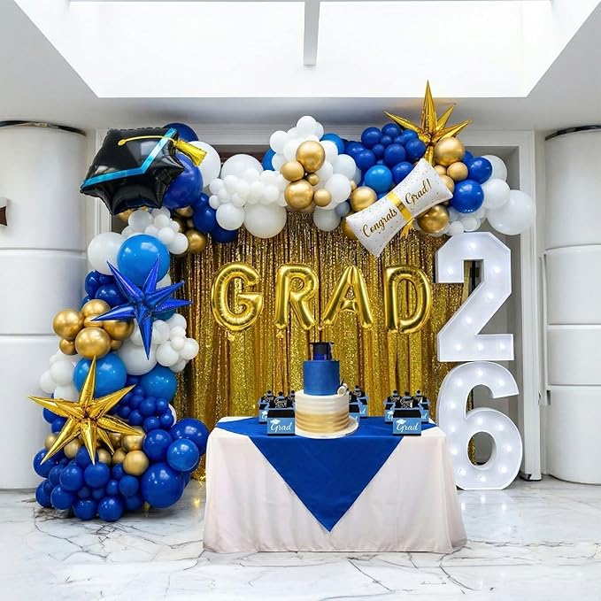 120PCS Graduation Balloon Garland Arch Kit with Graduation Cap Certificate Letter Star Mylar Foil Balloons for Class of 2026 Grad Prom Decorations Supplies (Blue Gold White)