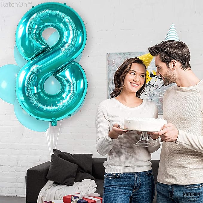 KatchOn, Giant Blue Teal Number 8 Balloons - 40 Inch || Aqua Teal Number Balloons for Happy 8th Birthday Decorations for Girls & Boys | Balloon For 8 Happy Anniversary Decorations