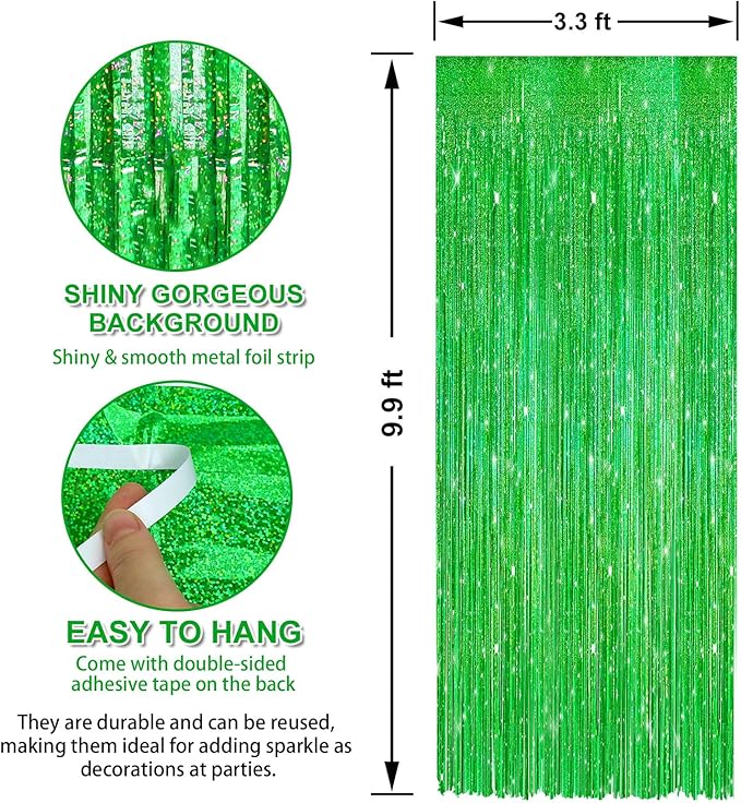 Crosize 4 Pack 3.3 x 9.9 ft Laser Green Foil Fringe Curtains Party Decorations,Tinsel Curtain Backdrop for Parties, Door Streamers, Glitter Streamer Backdrop for Birthday Decoration