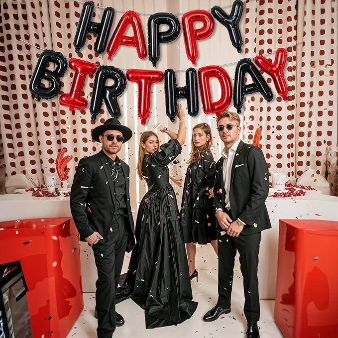 Happy Birthday Banner - 16 Inch Foil Red and Black Balloons, Self Inflating Letter Balloons for Boys Girls Party Decorations Supplies