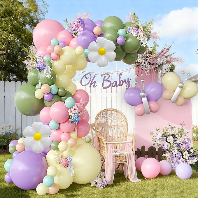 Butterfly Spring Balloon Arch Kit Flower Balloons 159Pcs Sage Green Pink Purple Balloons Fairy Balloon Garland for Wildflower Birthday Party Baby in Bloom Baby Shower Decorations