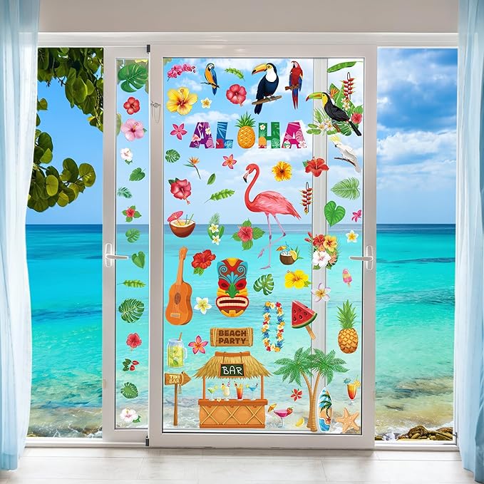 103 PCS Hawaiian Window Clings, 9 Sheets Tropical Hawaiian Party Decorations, Double-Sided Summer Window Clings with Tiki Masks Hibiscus Lei Patterns, Aloha Party Decorations for Home Office