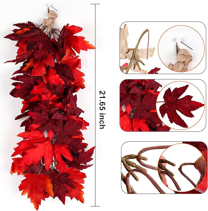 Halloween Garland Decor Indoor Table Decorations Fall Wall Hanging Artificial Black Maple Leaf Vine Decorations for Home (2 Pcs Red, Set)