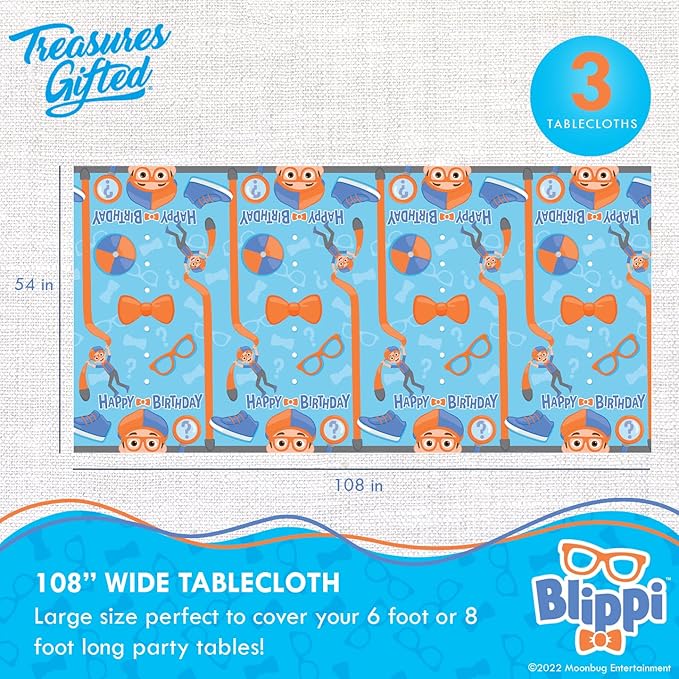 Treasures Gifted Officially Licensed Blippi Birthday Party Supplies - Pack of 3 - Large Rectangular Blippi Tablecloth 54in x 108in - Blippi Party Decorations for Tabletop - Happy Birthday Tablecloth