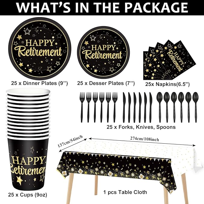 184pcs Happy Retirement Party Supplies, Black Gold Happy Retirement Plates Napkins Cups Tablecloth Swirls Banner Tableware Kit, Disposable Farewell Party Decorations Favors, Serve 25 Guests