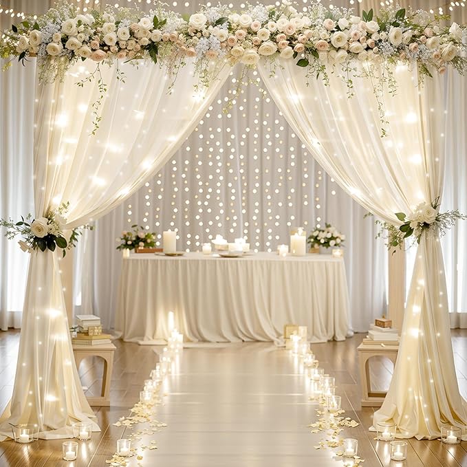 10x10ft Ivory Chiffon Backdrop Curtain with Lights String for Wedding Sheer Tulle Curtain Photo Backdrops Drapes for Baby Shower Birthday Party Home Ceremony Decorations