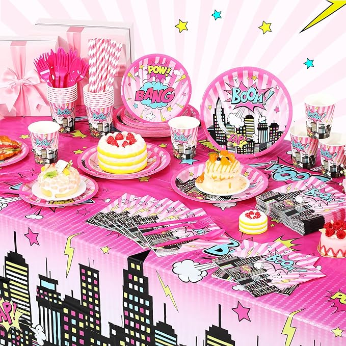 452 Pcs Girl Birthday Decorations for 50 Guests Pink Hero Paper Plates Napkins Cups Tablecloth Cutlery Straws for Pink Hero Birthday Baby Shower Party Supplies