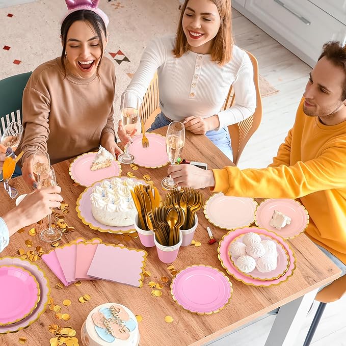Kochorie 140 PCS Pink Plates and Napkins Party Supplies for 20 Guests Disposable Light Pink Paper Plates Set Includes Pink Scalloped Plates Napkins Cup Cutlery Set for Baby Shower Birthday Wedding