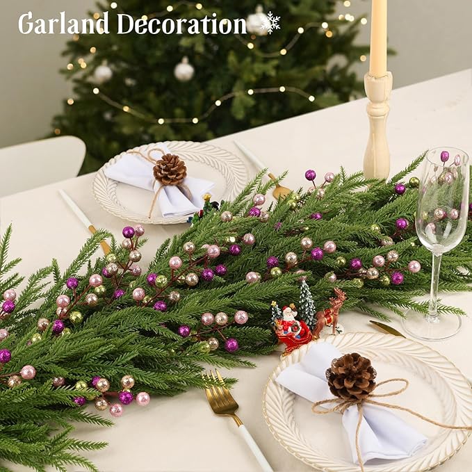 HOHOTIME 24 Pack Artificial Berry Stems Branches, Christmas Faux Champagne Pink Lime Purple Holly Colorful Berries Branch Ornaments for Christmas Tree Wreath DIY Craft Decorations Holiday Home Decor