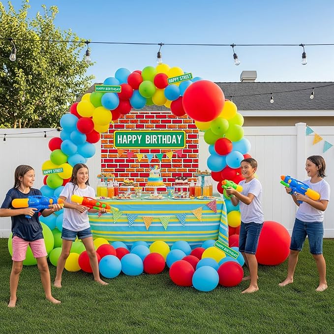 Sesame Friends Birthday Party decorations 140Pcs Cartoon Theme primary color Balloon Garland Kit with red brick wall Backdrop and birthday sticker for Boys Girls Sesame Theme kids Party supplies