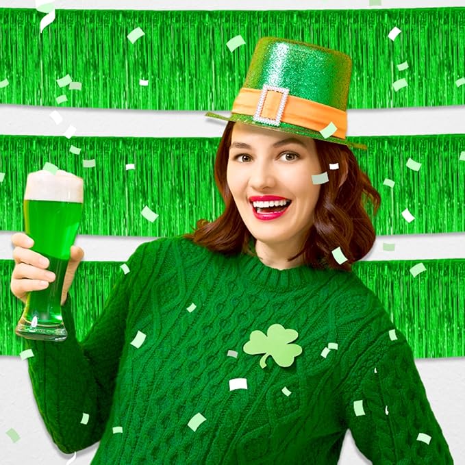 3 Pack 10 Feet Green Foil Fringe Garland Metallic Tinsel Streamers Banner Wall Hanging Curtain Backdrop for Parade Floats, Christmas Day, Thanksgiving, Birthday Party Decorations