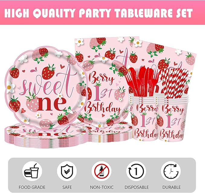 Berry First Birthday Decor, 194Pcs Strawberry Party Supplies Serves 24 Guests Includes Plates, Cutlery, Cups, Napkins, Tablecloth & Banner