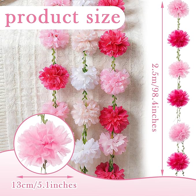 2 Pc White and Pink Hanging Flower Garland, 8.2 FT Pink Ombre Paper Flower Garland with Tissue Pom Pom Decorations, Pom Pom Garlands for Wedding Backdrop Bridal Shower Birthday Party