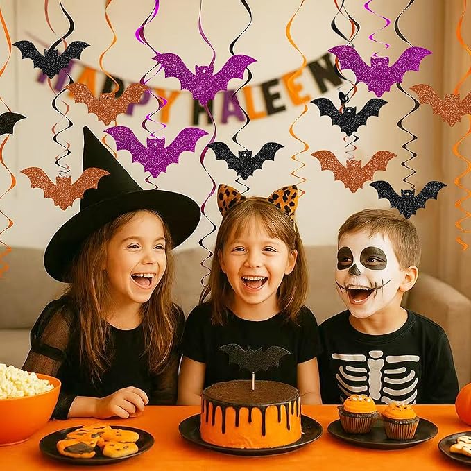 BEISHIDA Halloween Hanging Swirls Decorations, 16PCS Hanging Bats with 3 Color Swirls, Theme Party Decor for Indoor Halloween & Birthday Parties