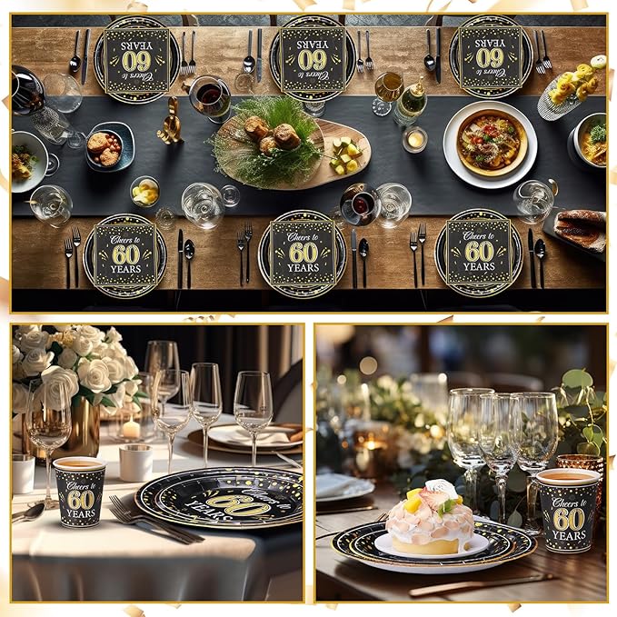 Pickmesh 250 Pcs 60th Birthday Party Supplies Decorations Serve 50 Black Gold Cheers to 60 Years Disposable Paper Plates Napkins and Cups for Women Men 50th Birthday Wedding Anniversary Party Supplies