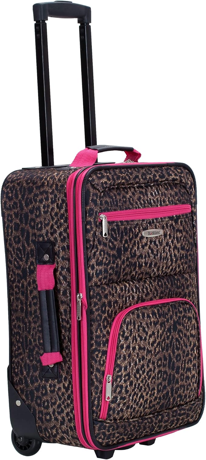 Rockland Fashion Softside 4 Piece Luggage Set, Expandable, (14" Tote/19"/24"/28"), Pink Leopard