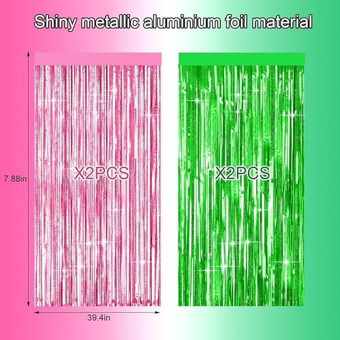 4 Packs Pink and Green Foil Fringe Curtain, Pink Green Metallic Tinsel Backdrop for Birthday, Baby Shower, Princess Bachelorette Party, Witch Party Decorations Supplies
