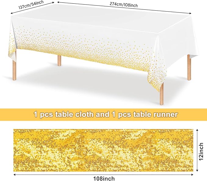 Irenare Tablecloth and Sequin Table Runner Set Polka Dots Confetti Table Cover Dining Plastic Tablecloths Glitter Decorations for Birthday Wedding Anniversary Party Supplies(White, Gold,2 Pcs)