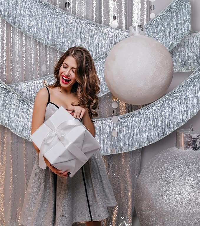 Premium Silver Fringe Tassel Banner for Party Decoration, 2 Packs of Fringe Tinsel Garlands, Thick Metallic Foil Silver Streamer for Birthday Wedding Bachelorette Holiday Event Hanging Decor