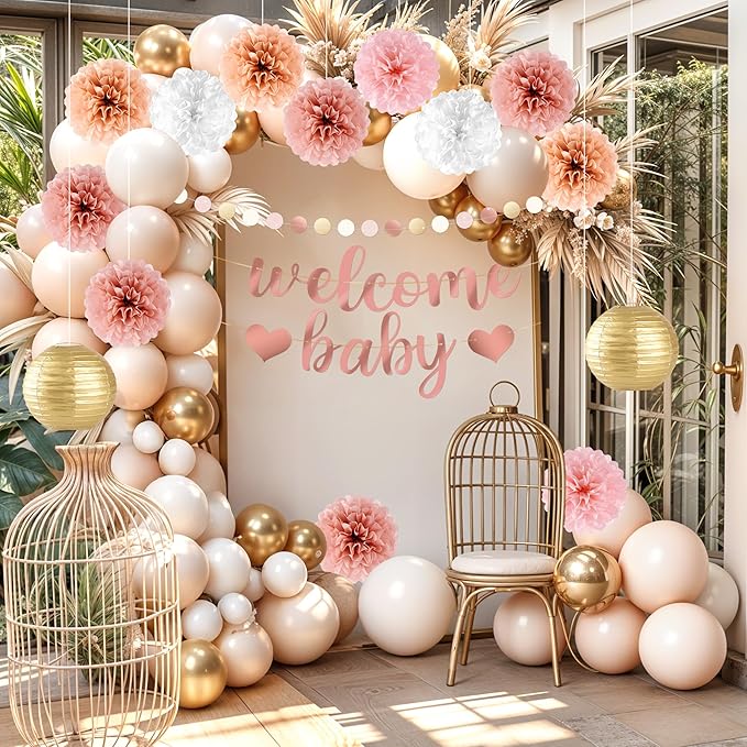 Kriyokiaa 16 Pcs Baby Shower Decorations for Girl Light Rosegold Baby Shower Decorations with Welcome Baby Banners Paper Flower Pom Poms Perfect for Indoor & Outdoor Celebrations
