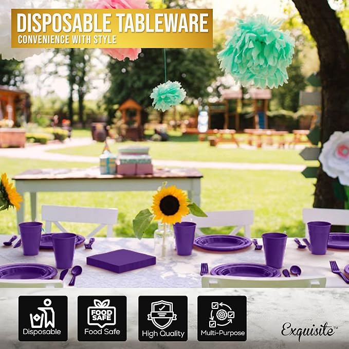 350 Pcs Purple Plastic Plates For Party, Purple Disposable Plates Set, 50 Of Each 9" Dinner Plate Set, 7" Dessert Plate, Cups, Napkins & Cutlery Plastic Dinnerware Set Exquisite