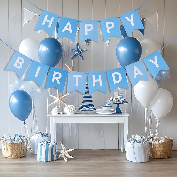 Blue Happy Birthday Banner - Mixed Blue Hanging Backdrop Sign with White Letters, Happy Birthday Sign Bunting Decorations for Women men Kids Baby Shower Party Supplies (13pcs)