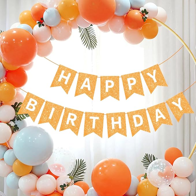 Orange Happy Birthday Banner Birthday Sign for Backdrop Happy Birthday Garland for Kids Girls Women Orange Birthday Tea Party Decorations Bunting Banner Birthday Party Supplies