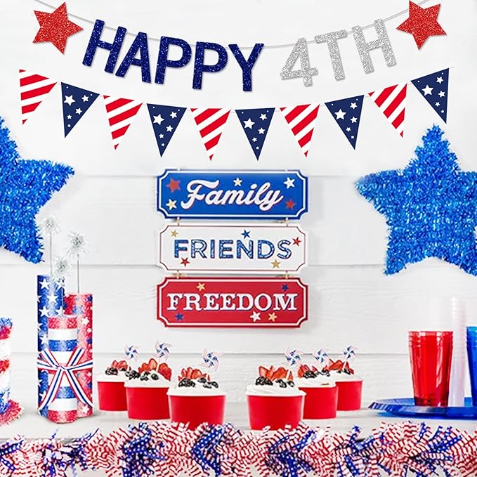 Fourth-4th of July Imemorial-Day Banner - Blue White Red Patriotic Garland Party Decorations, Hanging USA Pennant Flag Banners, America Independence Day Streamers Indoor Decor Lasting Surprise