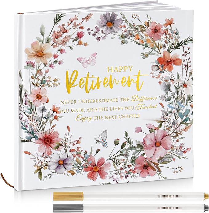 2026 Retirement Guest Book with 2 Markers 8.7'' Square Hardcover Blank Guest Photo Signing Memory Book Happy Retirement Gift Party Supplies for Women Men Teacher Grad Decor(White,Flowers)