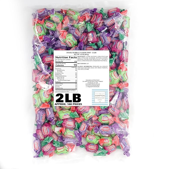 Double Assorted Fruit Flavored Bubble Gum - 5 Pound Bulk Bag (Approx. 350 Pieces) - Individually Wrapped Gum - The Hampton Popcorn & Candy Company (Assorted Fruit Flavored - Multi Colored)