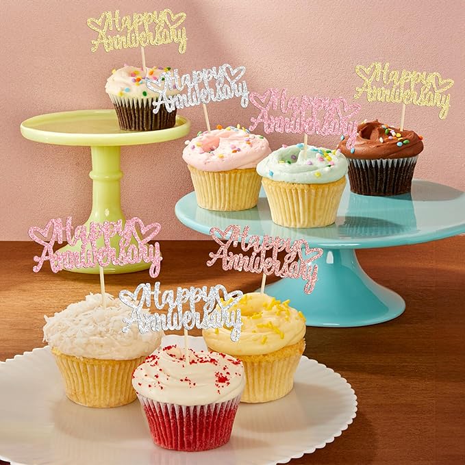 Gyufise 24Pcs Glitter Happy Anniversary Cupcake Toppers Anniversary Party Supplies Cake Decoration Wedding Anniversary Celebration Party Decoration Supplies Multi