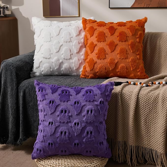 DFXSZ Halloween Pillow Covers 20x20 inch Set of 2 White Ghost Throw Pillow Cases Soft Plush Faux Fur Wool Couch Cushion Case for Chair Sofa Bedroom Living Room Home Decor PTK03R20