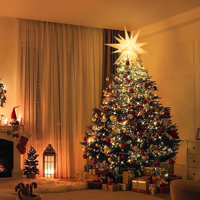 23" White LED Moravian Star Outdoor Light,Waterproof 3D Christmas Tree Topper Lamp with Timer Function,Hanging Outdoor Christmas Light for Holiday Porch Room Party Decoration (23 inch)