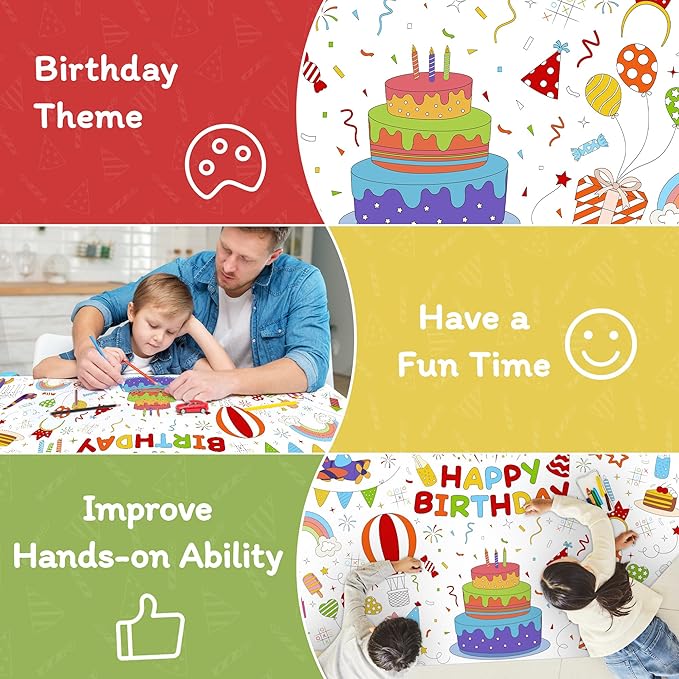 Childom 1 Pack Birthday Coloring Tablecloth Disposable Birthday Tablecloths 30x72 Inch Coloring Table Cloth Paper Tablecloth Rectangle Table Cover